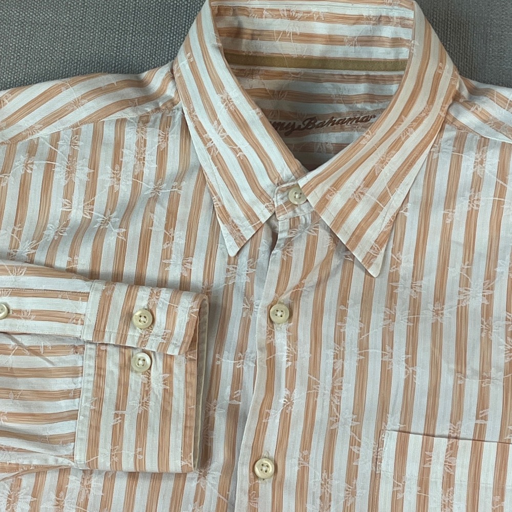 Tommy Bahama Button Shirt Men L Peach Striped Floral Cotton Silk Long Sleeve